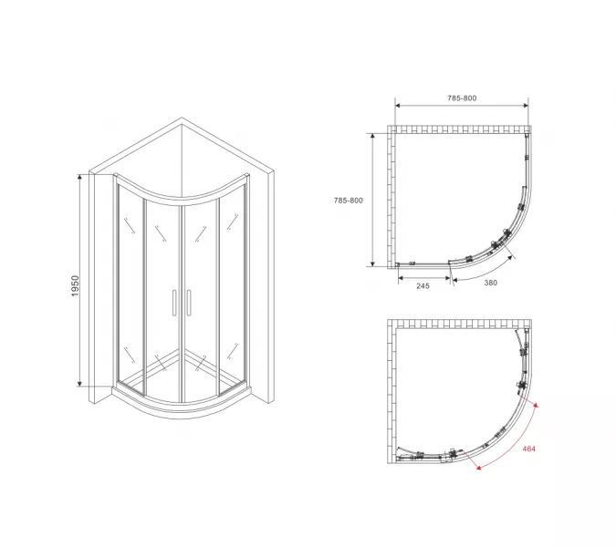 Душевой уголок ABBER Schwarzer Diamant трапеция, прозрачное/черный, Цвет стекла: прозрачное, Цвет профиля: Черный, Выбрать размер: 80х80, изображение 5