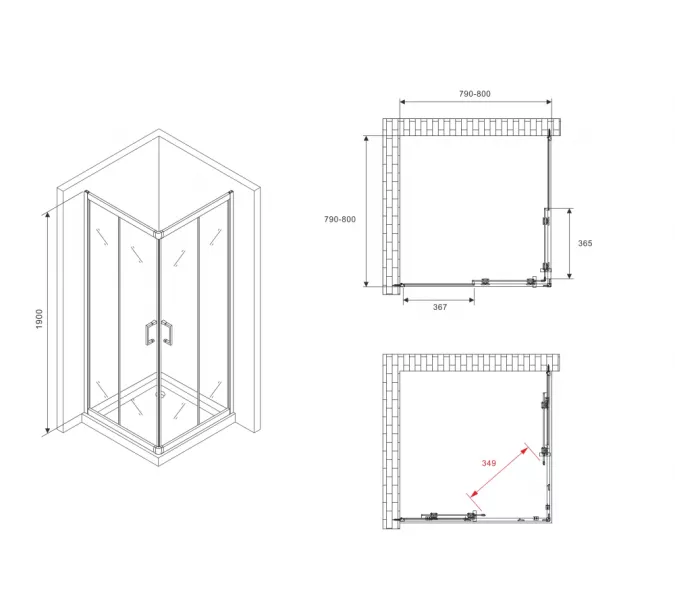 Душевой уголок ABBER Schwarzer Diamant квадрат, прозрачное/черный, Цвет стекла: прозрачное, Цвет профиля: Черный, Выбрать размер: 80х80, изображение 4