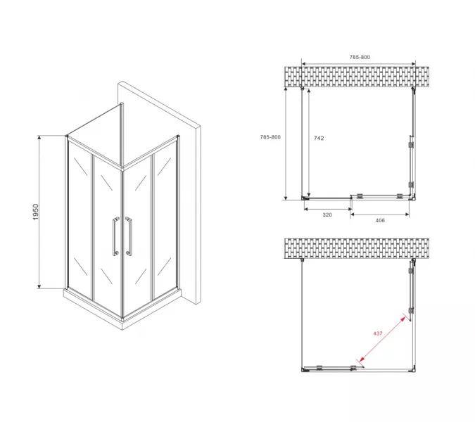 Душевой уголок ABBER Schwarzer Diamant квадрат , пристенный , прозрачное/черный, Цвет стекла: прозрачное, Цвет профиля: Черный, Выбрать размер: 80х80, изображение 5