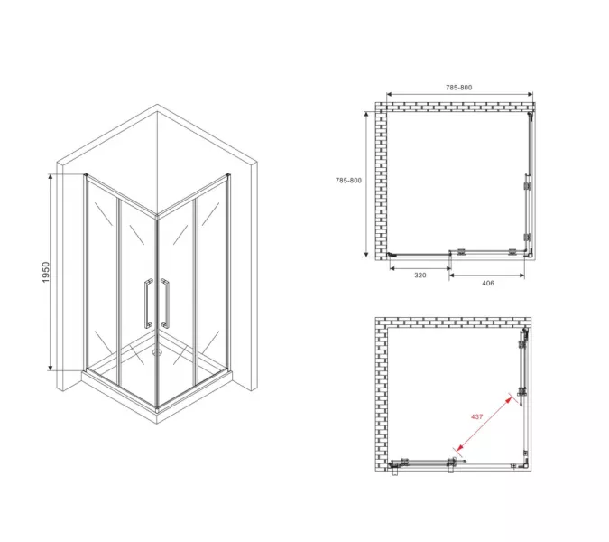 Душевой уголок ABBER Schwarzer Diamant квадрат, матовое/черный, Цвет стекла: матовое, Цвет профиля: Черный, Выбрать размер: 80х80, изображение 5