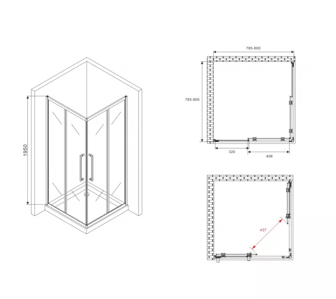 Душевой уголок ABBER Schwarzer Diamant квадрат, прозрачное/хром, Цвет стекла: прозрачное, Цвет профиля: Хром, Выбрать размер: 80х80, изображение 5