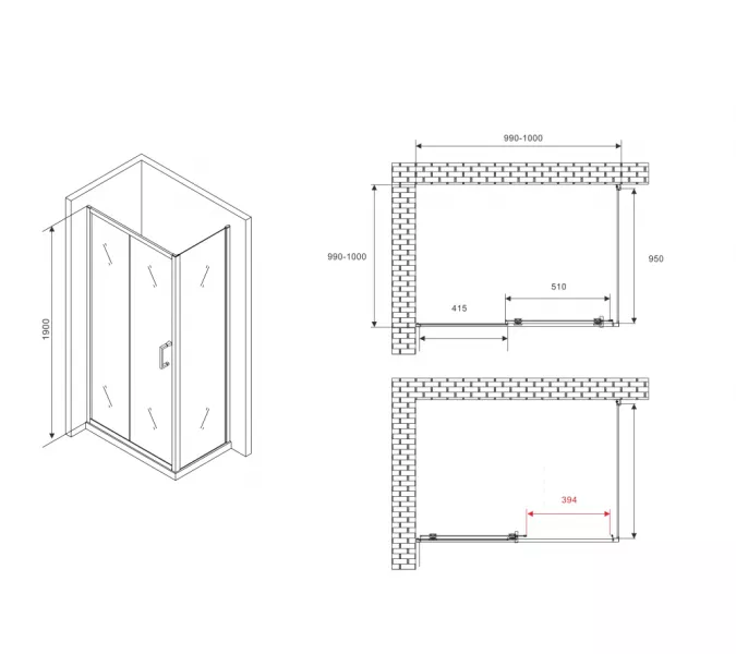 Душевой уголок ABBER Schwarzer Diamant квадрат , прозрачное/хром, Цвет стекла: прозрачное, Цвет профиля: Хром, Выбрать размер: 100х100, изображение 4