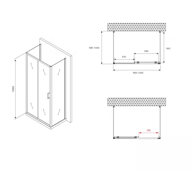 Душевой уголок ABBER Schwarzer Diamant AG30100B-S100B-S100B пристенный, изображение 5