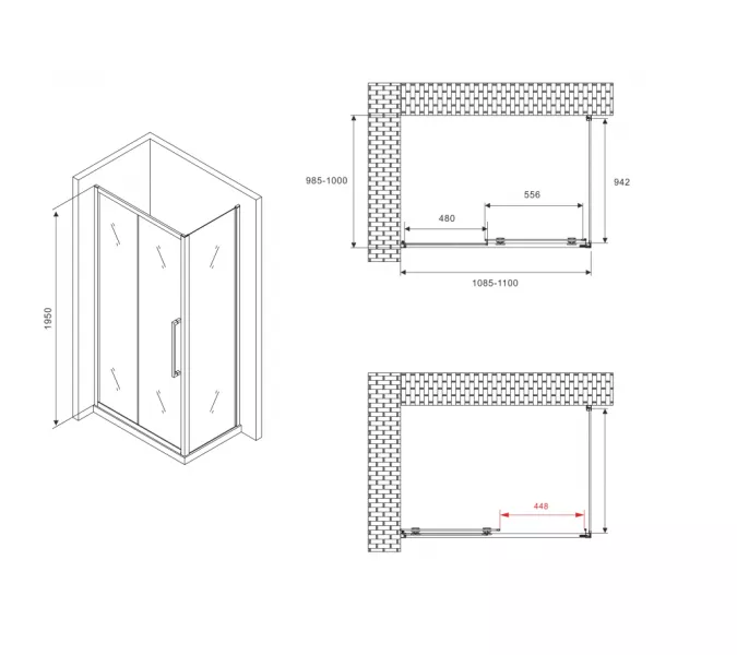 Душевой уголок ABBER Schwarzer Diamant   прозрачное/хром , в угол, Цвет стекла: прозрачное, Цвет профиля: Хром, Монтаж: В угол, Выбрать размер: 110х100, изображение 5