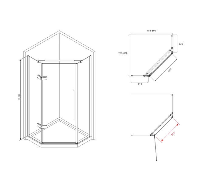 Душевой уголок ABBER Ewiges Wasser  трапеция , прозрачное /черный, Цвет стекла: прозрачное, Цвет профиля: Черный, Выбрать размер: 80х80, изображение 6