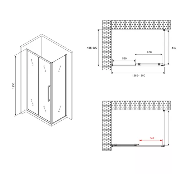 Душевой уголок ABBER Schwarzer Diamant  прозрачный/черный , в угол, Цвет стекла: прозрачное, Цвет профиля: Черный, Монтаж: В угол, Выбрать размер: 130х50, изображение 5
