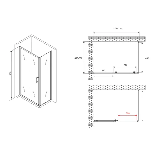 Душевой уголок ABBER Schwarzer Diamant  прозрачное/хром , в угол, Цвет стекла: прозрачное, Цвет профиля: Хром, Выбрать размер: 140х50, изображение 4