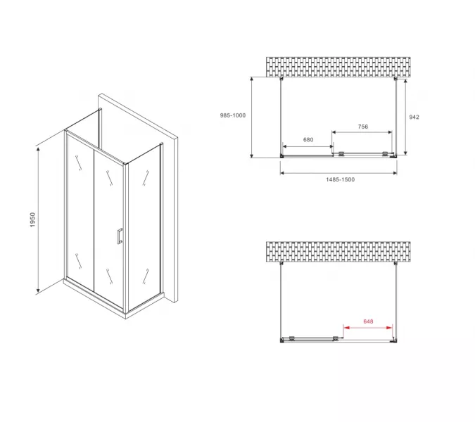 Душевой уголок ABBER Schwarzer Diamant  прозрачное/черный , пристенный, Цвет стекла: прозрачное, Цвет профиля: Черный, Монтаж: Пристенный, Выбрать размер: 150х100, изображение 4