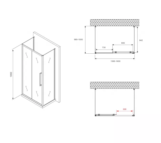 Душевой уголок ABBER Schwarzer Diamant  прозрачное/черный , пристенный, Цвет стекла: прозрачное, Цвет профиля: Черный, Монтаж: Пристенный, Выбрать размер: 160х100, изображение 5