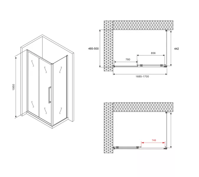Душевой уголок ABBER Schwarzer Diamant   прозрачный/черный , в угол, Цвет стекла: прозрачное, Цвет профиля: Черный, Монтаж: В угол, Выбрать размер: 170х50, изображение 5