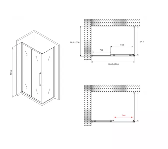 Душевой уголок ABBER Schwarzer Diamant A прозрачный/хром , в угол, Цвет стекла: прозрачное, Цвет профиля: Хром, Монтаж: В угол, Выбрать размер: 170х100, изображение 5