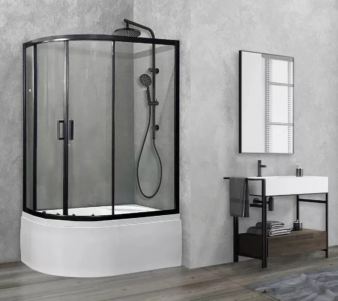 Душевой угол Royal Bath RB 8120BK ассиметричный, Цвет стекла: прозрачное, Цвет профиля: Черный, Ориентация: правая
