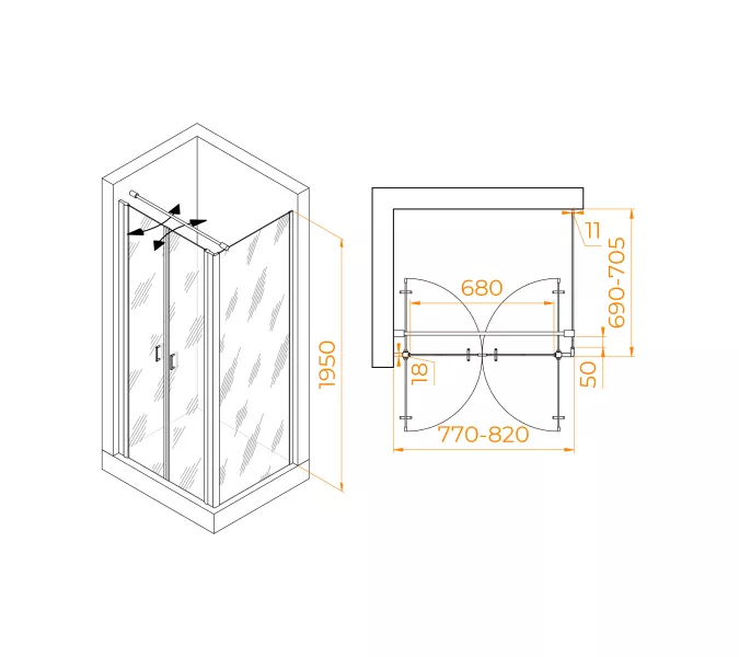 Душевой уголок RGW PA-144B (PA-104B+Z-050-2B+O-104B), Цвет стекла: прозрачное, Цвет профиля: Черный, Выбрать размер: 800x700, изображение 2