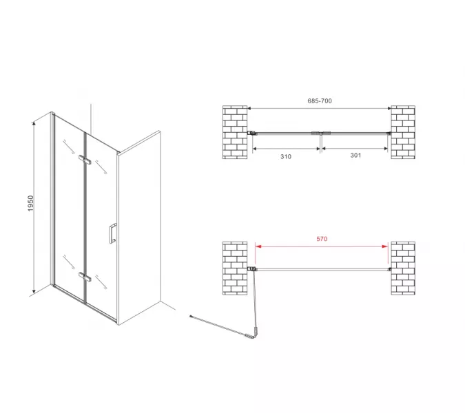 Душевая дверь ABBER Zart складная, Цвет стекла: прозрачное, Цвет профиля: Хром, Выбрать размер: 70, изображение 3