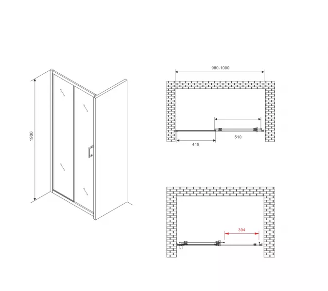 Душевая дверь ABBER Schwarzer Diamant прозрачное/хром/H-190см, Цвет стекла: прозрачное, Цвет профиля: Хром, Выбрать размер: 100, изображение 3