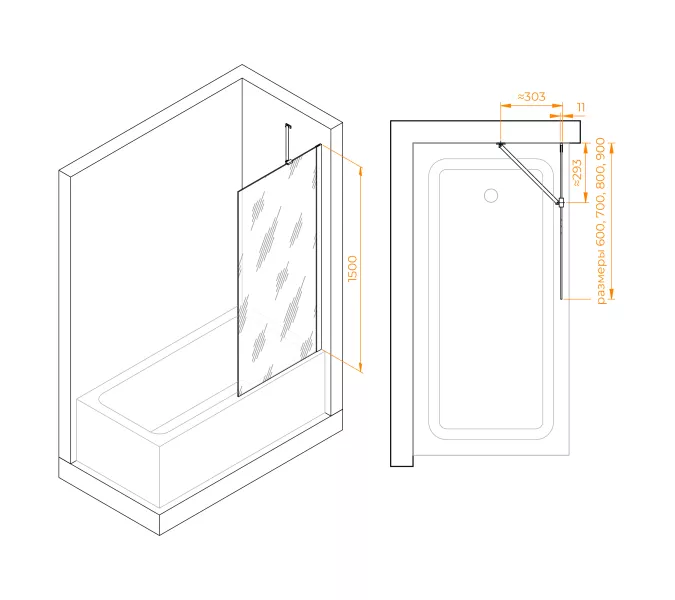 Шторка на ванну RGW SC-150B, Цвет стекла: прозрачное, Цвет профиля: Черный, Выбрать размер: 70, изображение 2