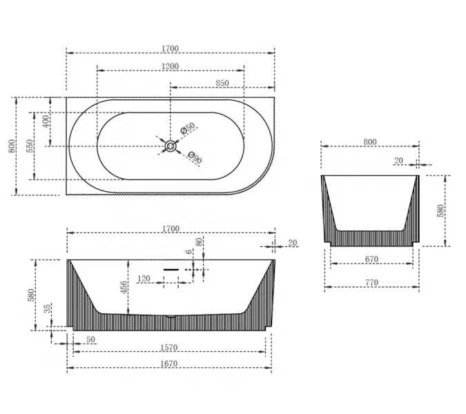 Акриловая ванна ABBER AB9329-1.7MB L 170х80, Выбрать цвет: Черный/Белый, Выбрать размер: 170х80, Ориентация: Левая, изображение 5