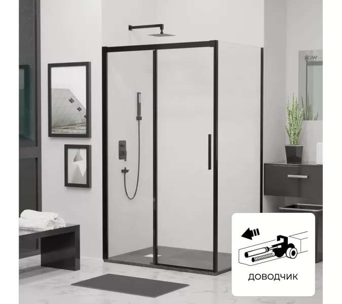 Душевой уголок RGW LE-41B (LE-12B + Z-050-2B), Цвет стекла: прозрачное, Цвет профиля (вариация): Черный, Выбрать размер: 2000x800