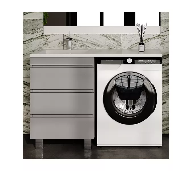 Тумба напольная с раковиной "Даллас ЛЕОН 120", Люкс серая, PLUS, Выбрать цвет: Серый, Внешний вид: 3 ящика, Ориентация: левая