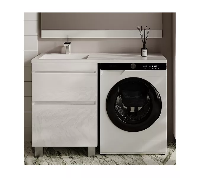 Тумба напольная с раковиной "Даллас ЛЕОН 120", Люкс белая, PLUS, Выбрать цвет: Белый, Внешний вид: 2 ящика, Ориентация: левая