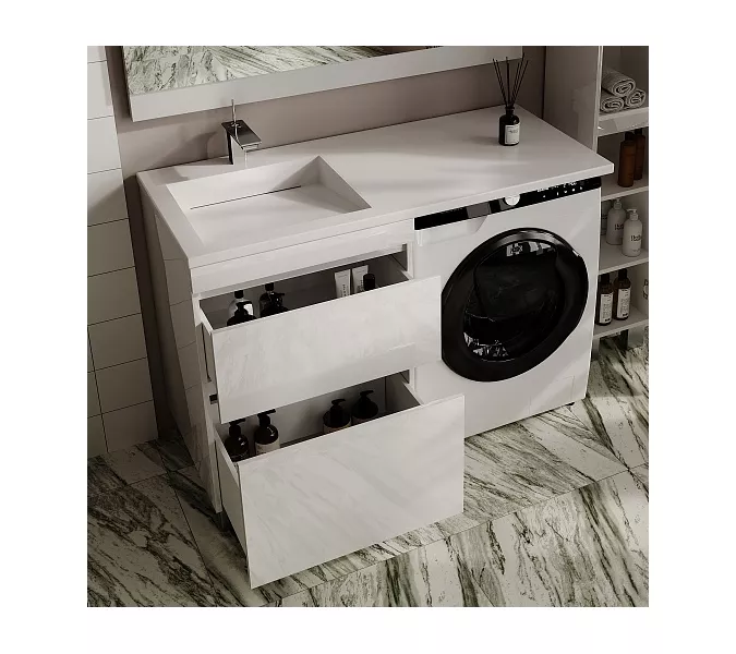 Тумба напольная с раковиной "Даллас ЛЕОН 120", Люкс белая, PLUS, Выбрать цвет: Белый, Внешний вид: 2 ящика, Ориентация: левая, изображение 2