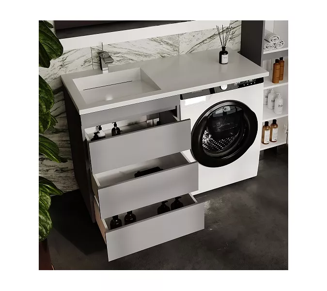 Тумба напольная с раковиной "Даллас ЛЕОН 120", Люкс серая, PLUS, Выбрать цвет: Серый, Внешний вид: 3 ящика, Ориентация: левая, изображение 2