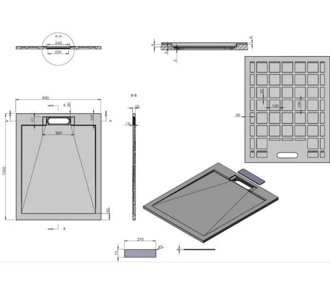 Поддон из искусственного камня, серый ESPLX90G, ESPLX100G, ESPLX108G, ESPLX119G, ESPLX128G, ESPLX129G, Выбрать цвет: серый, Тип поддона: Низкий, Выбрать размер: 100х80, изображение 5