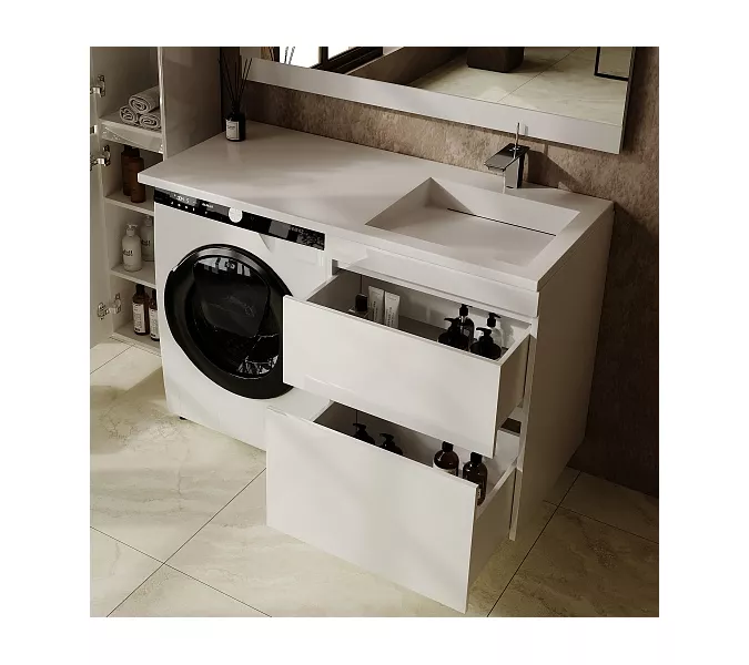 Тумба подвесная с раковиной  "Даллас ЛЕОН 120", Люкс белая, PLUS, Выбрать цвет: Белый, Внешний вид: 2 ящика, Ориентация: правая, изображение 2