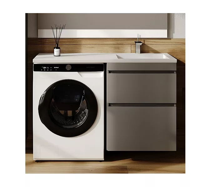 Тумба подвесная с раковиной "Даллас ЛЕОН 120", Люкс серая, PLUS, Выбрать цвет: Серый, Внешний вид: 2 ящика, Ориентация: правая