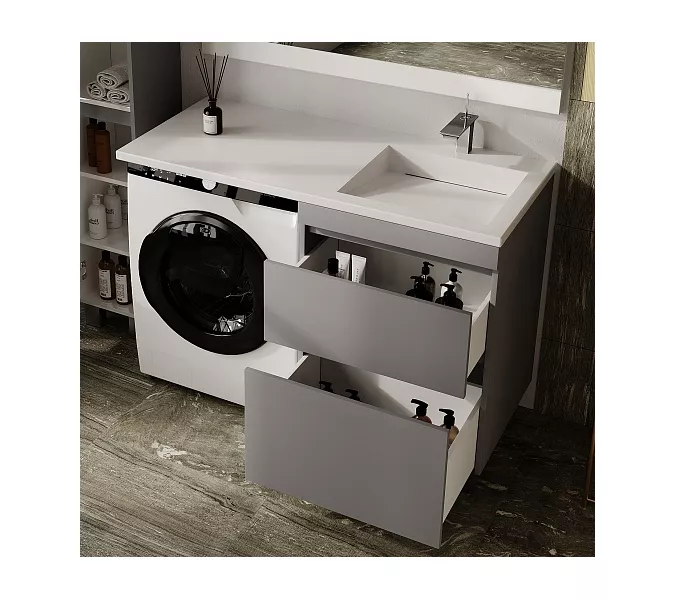 Тумба подвесная с раковиной "Даллас ЛЕОН 120", Люкс серая, PLUS, Выбрать цвет: Серый, Внешний вид: 2 ящика, Ориентация: правая, изображение 2