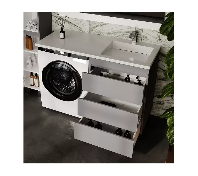 Тумба напольная с раковиной "Даллас ЛЕОН 120", Люкс серая, PLUS, Выбрать цвет: Серый, Внешний вид: 3 ящика, Ориентация: левая, изображение 4