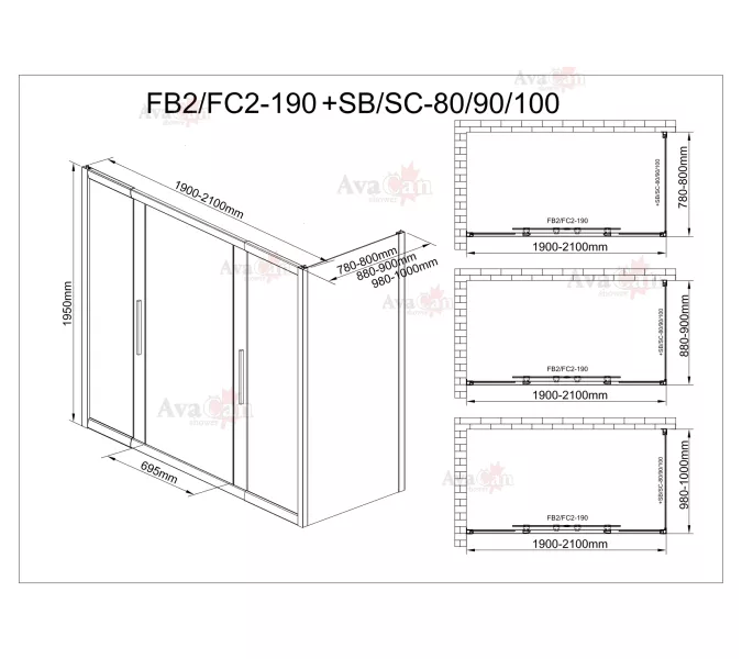Душевой уголок AvaCan FC2 прозрачное/хром, Цвет стекла: прозрачное, Цвет профиля: Хром, Выбрать размер: 190-210х100, изображение 11