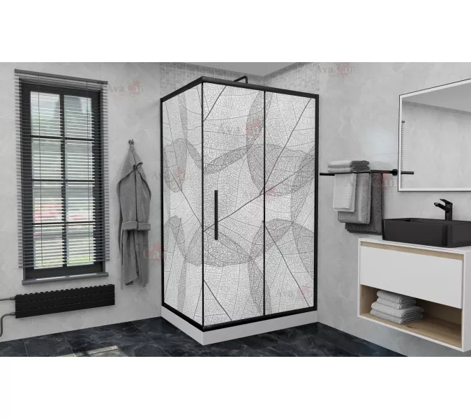 Душевой уголок AvaCan FB+SB матовое с рисунком/черный, Цвет стекла: матовое с рисунком, Цвет профиля: Черный, Выбрать размер: 120-140х80, изображение 2