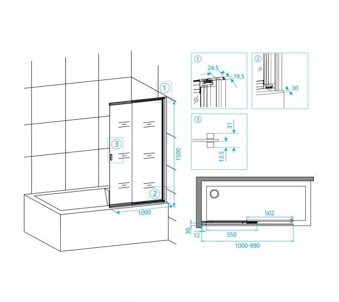 Шторка на ванну RGW SC-40B, Цвет стекла: прозрачное, Цвет профиля: Черный, Выбрать размер: 100, изображение 8