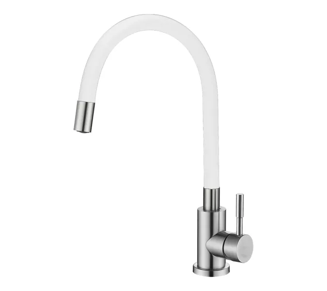 Смеситель д/кухни MELANA ELASTICO-610401W нерж.сталь, однорычажный,гибкий излив,сатин+белый, Выбрать цвет: Белый