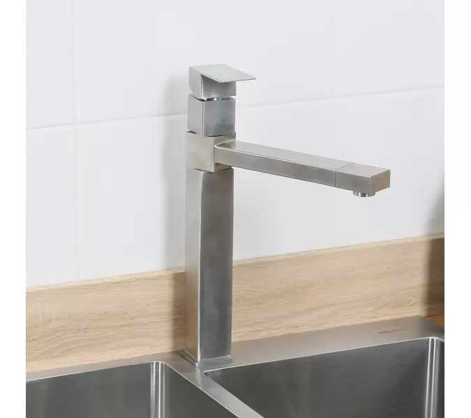 Смеситель д/кухни MELANA-610203 Cubo нерж.сталь, однорычажный, сатин, литой излив