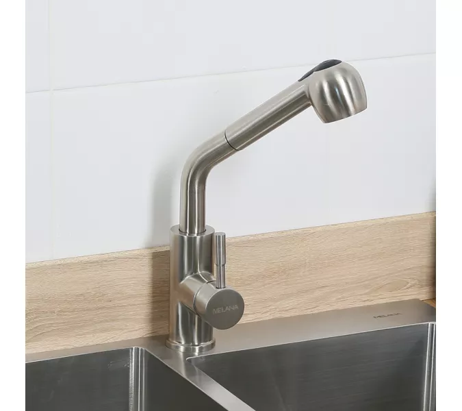 Смеситель д/кухни MELANA-F8109 нерж.сталь, однорычажный, сатин, вытяжной излив