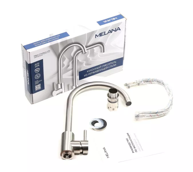Смеситель д/кухни MELANA-610103 Tondo нерж.сталь, однорычажный, сатин, литой излив, Выбрать цвет: Хром, изображение 2