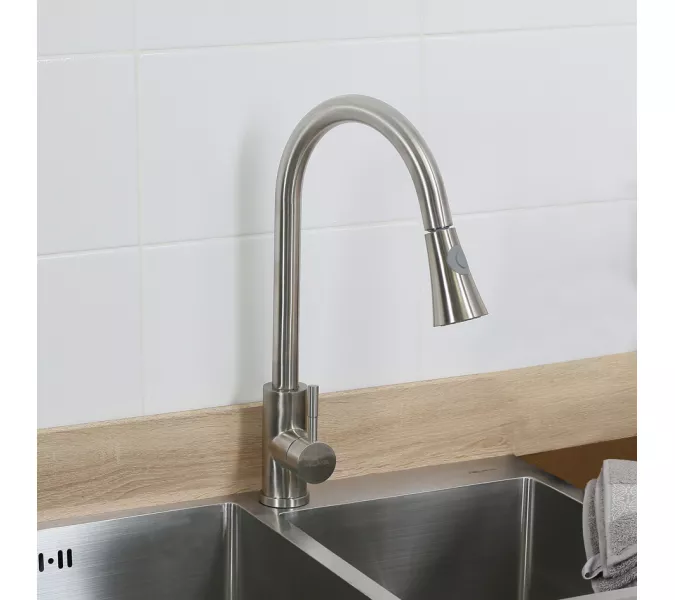 Смеситель д/кухни MELANA-F8110 нерж.сталь, однорычажный, сатин, вытяжной излив