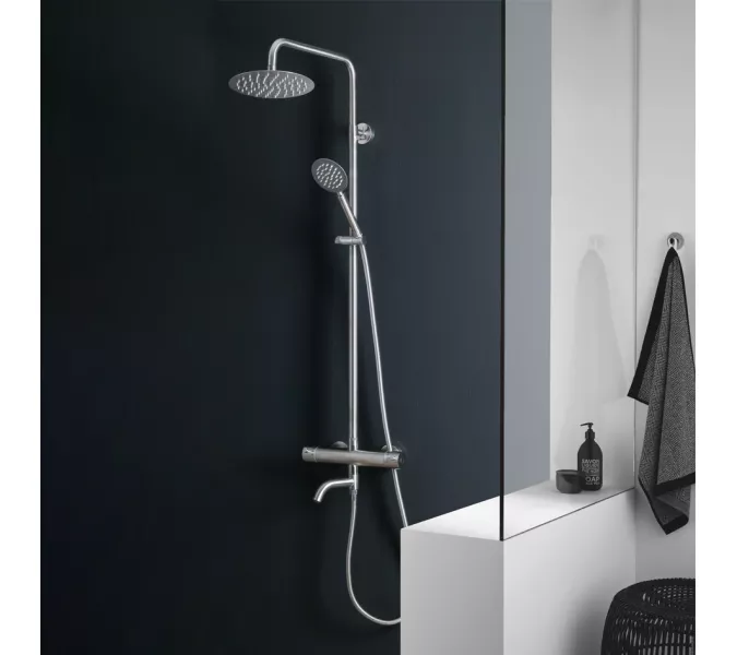 Душевая система MELANA-610307-T Stello нерж.сталь, с тропическим душем, лейкой, термостатом
