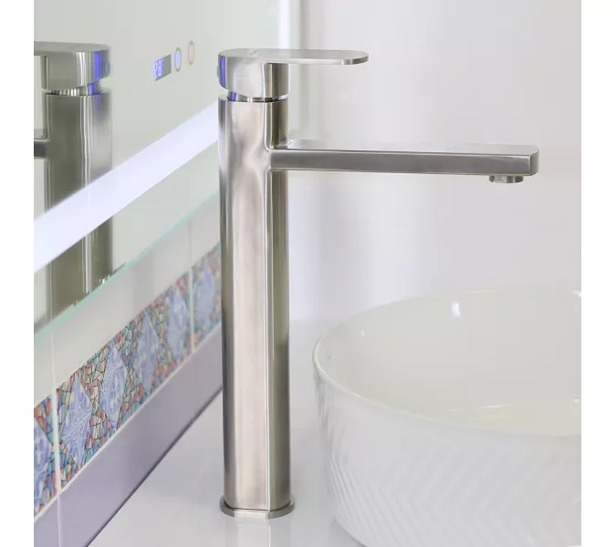 Смеситель д/ум MELANA-610302 Stello нерж.сталь, однорычажный, сатин, литой излив