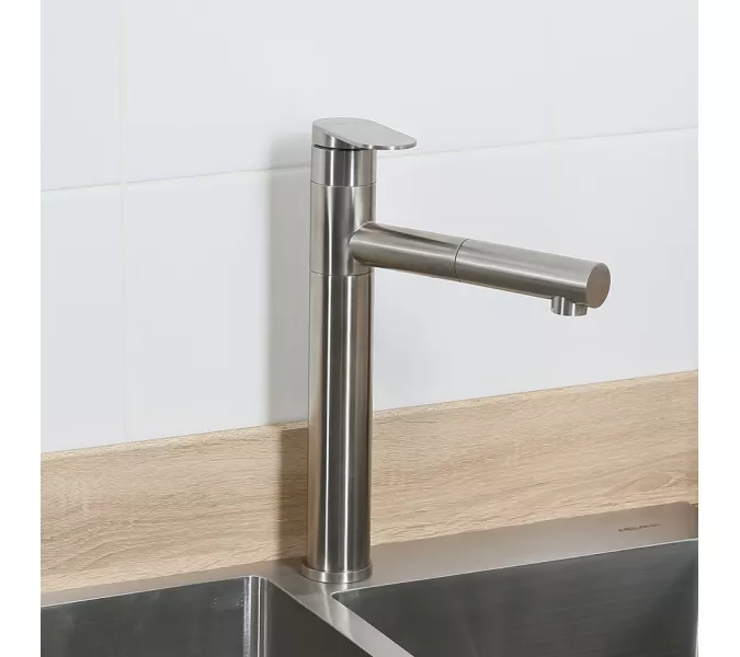 Смеситель д/кухни MELANA-610303 Stello нерж.сталь, однорычажный, сатин, вытяжной излив