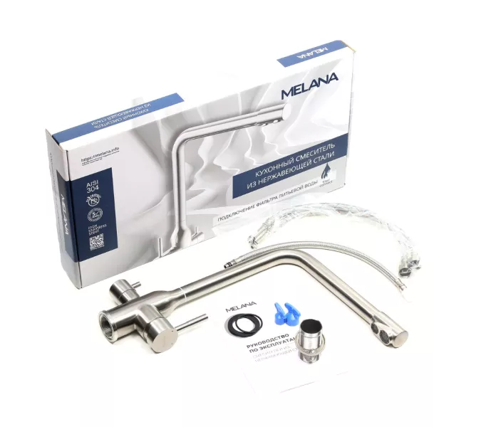 Смеситель д/кухни MELANA-610304 Stello нерж.сталь, с переключателем на фильтр, однорычажный, сатин, изображение 3