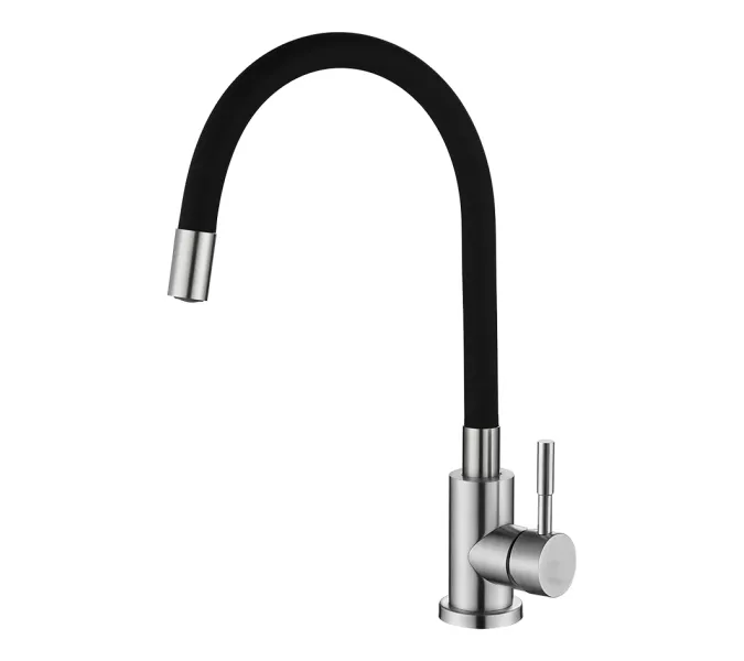 Смеситель д/кухни MELANA ELASTICO-610401B нерж.сталь, однорычажный, гибкий излив, сатин+черный, Выбрать цвет: Черный