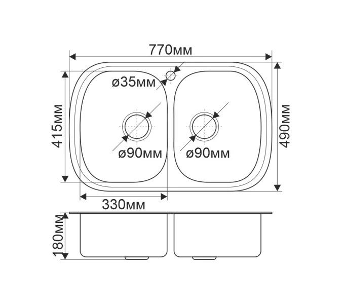 Мойка 7749S MELANA 0,8/180 ИУ 2-я чаша врезная без сифона, изображение 2