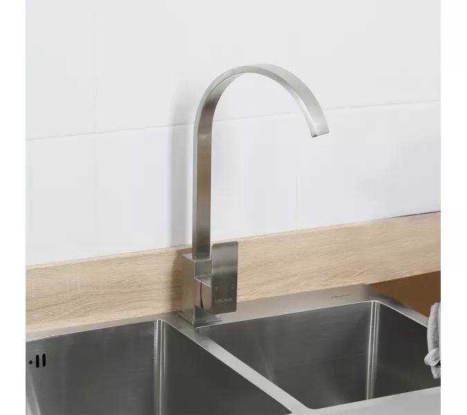 Смеситель д/кухни MELANA-F8112 нерж.сталь, однорычажный, сатин, высокий излив