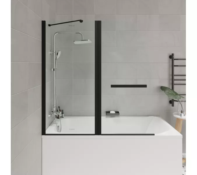 Шторка  на ванну F03B PARLY распашная, Цвет стекла: прозрачное, Цвет профиля: Черный, Выбрать размер: 120