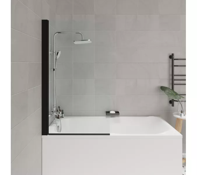 Шторка на ванну F04B  PARLY  распашная, Цвет стекла: прозрачное, Цвет профиля: Черный, Выбрать размер: 75