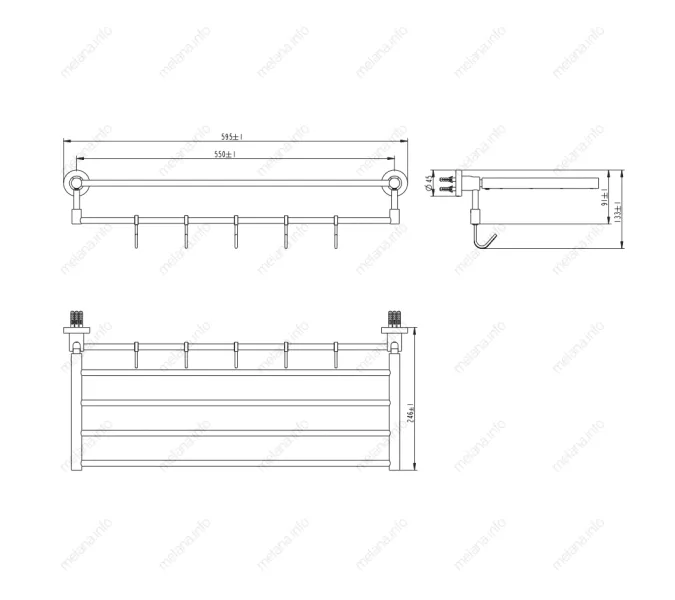 Полка для полотенец с крючками MELANA AISI 304 сатин MLN-S2221, изображение 2