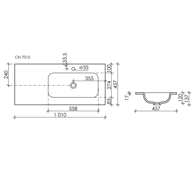 Раковина накладная Ceramica Nova Grace 1010*457*137 мм, чаша справа, с отверстием под смеситель, Выбрать цвет: Белый, изображение 3